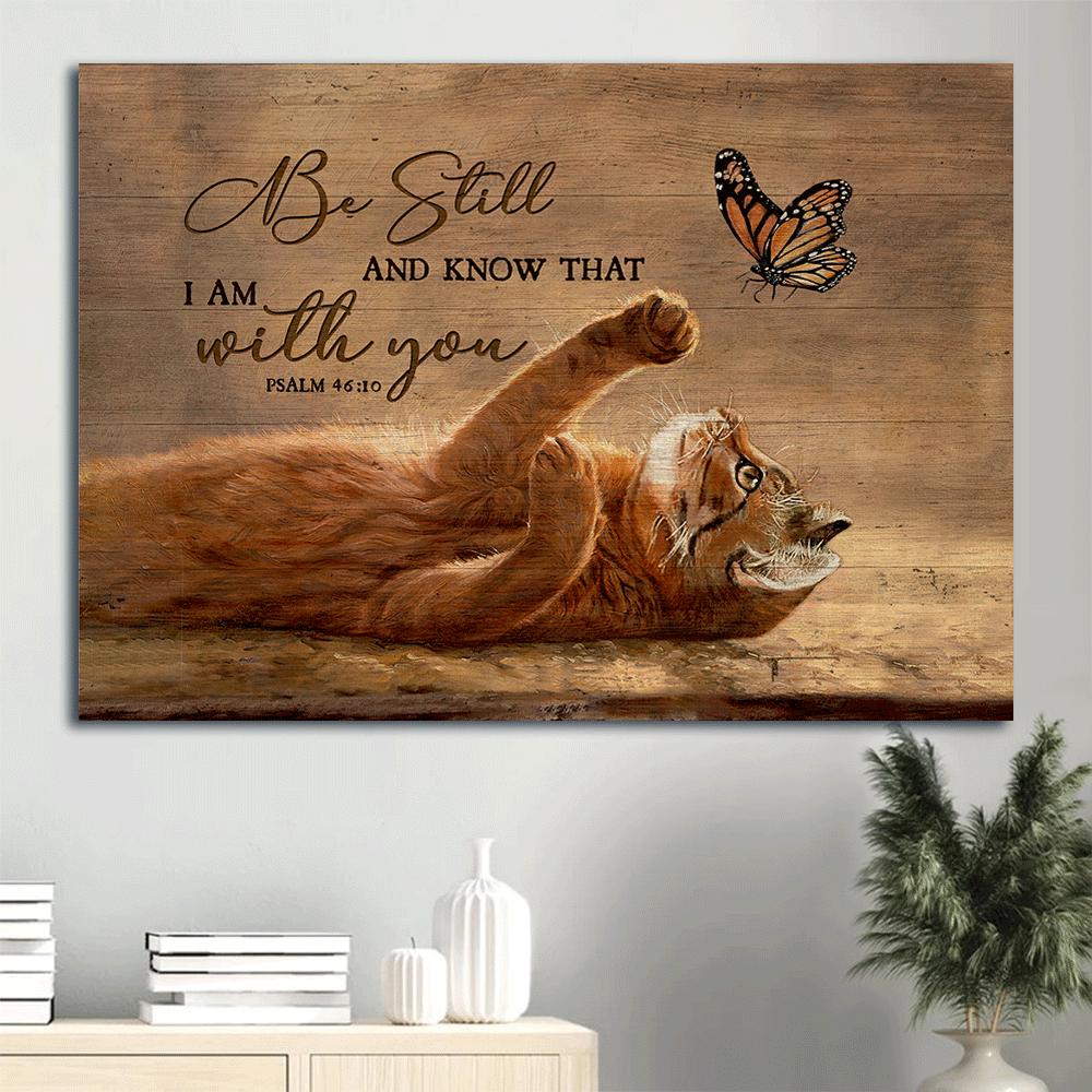 Jesus Landscape Canvas- Brown cat canvas, Butterfly drawing canvas- Gift for Christian, Cat lover-  Be still and know that I am with you