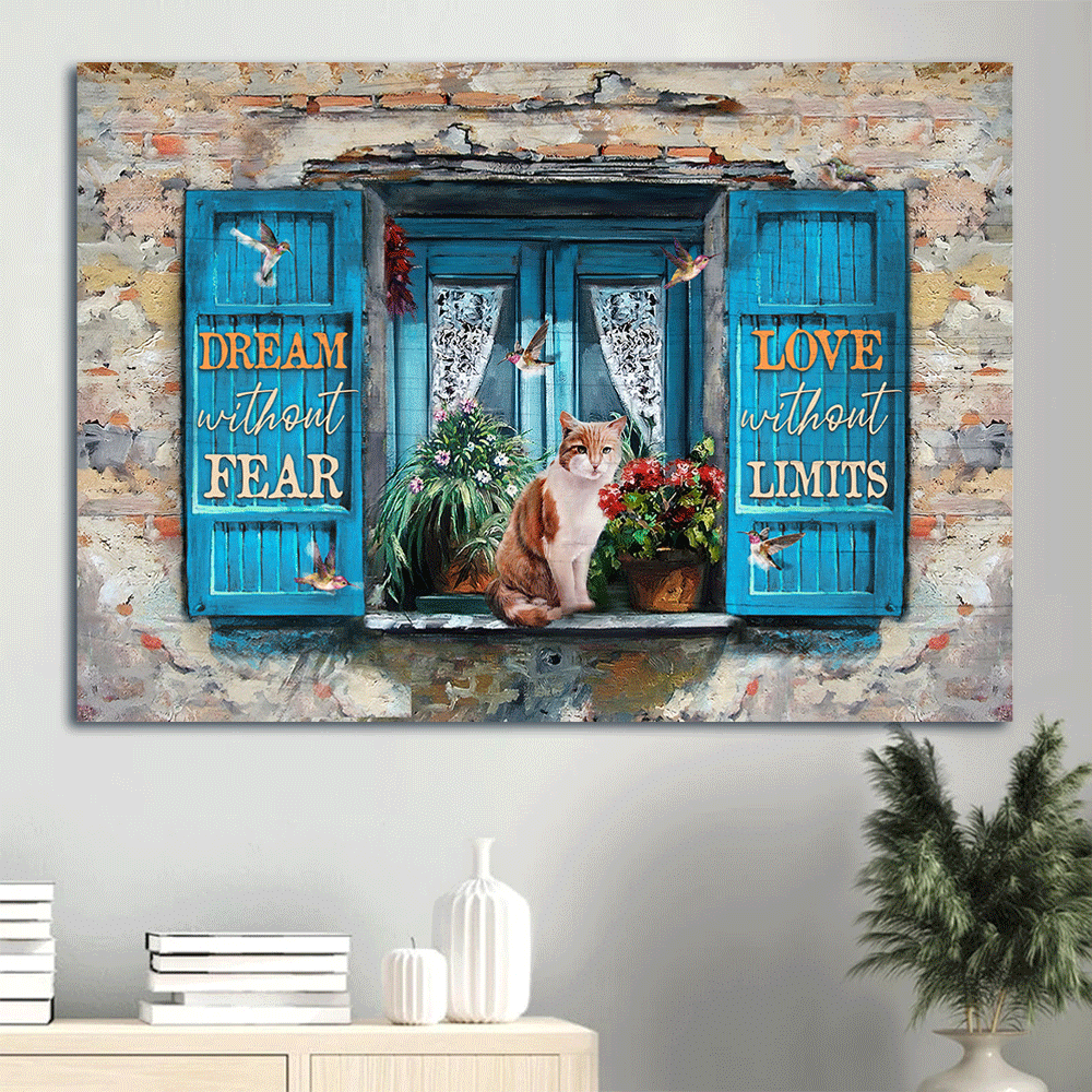 Jesus Landscape Canvas- Blue window, Cat drawing, Pretty flower canvas- Gift for Christian- Dream without fear - Landscape Canvas Prints, Christian Wall Art