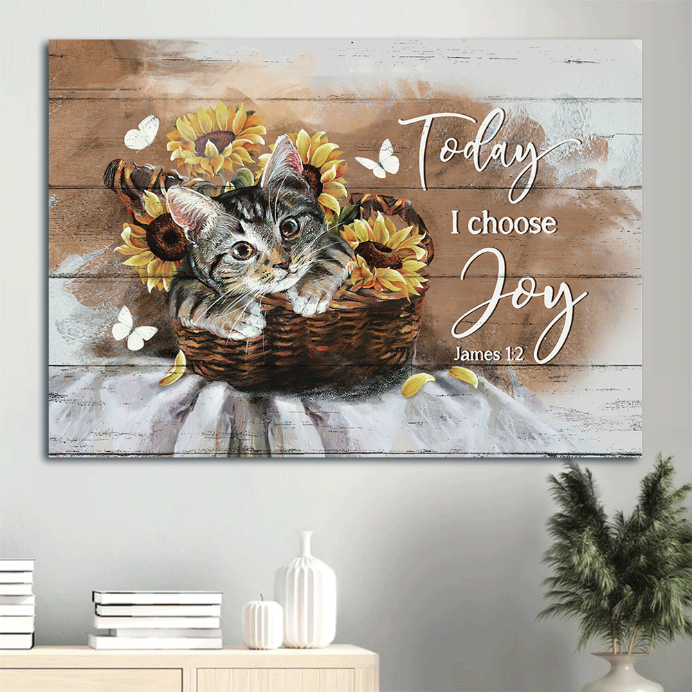 Jesus Landscape Canvas- Brown cat canvas, Bamboo basket, Sunflower vase canvas- Gift for Christian, Cat lover- Today I choose joy