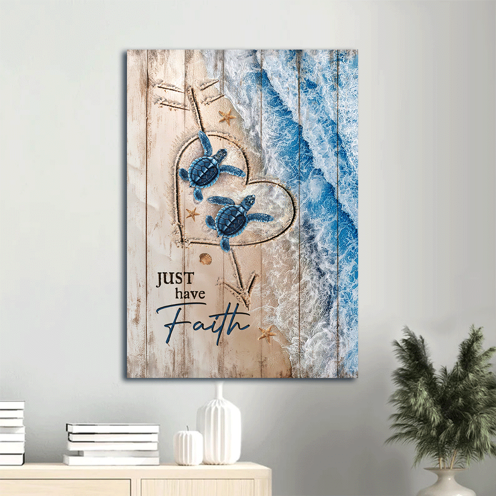 Jesus Portrait Canvas- Blue turtle, Heart shape, Beach painting, Just have faith canvas- Gift for Christian - Portrait Canvas Prints, Christian Wall Art