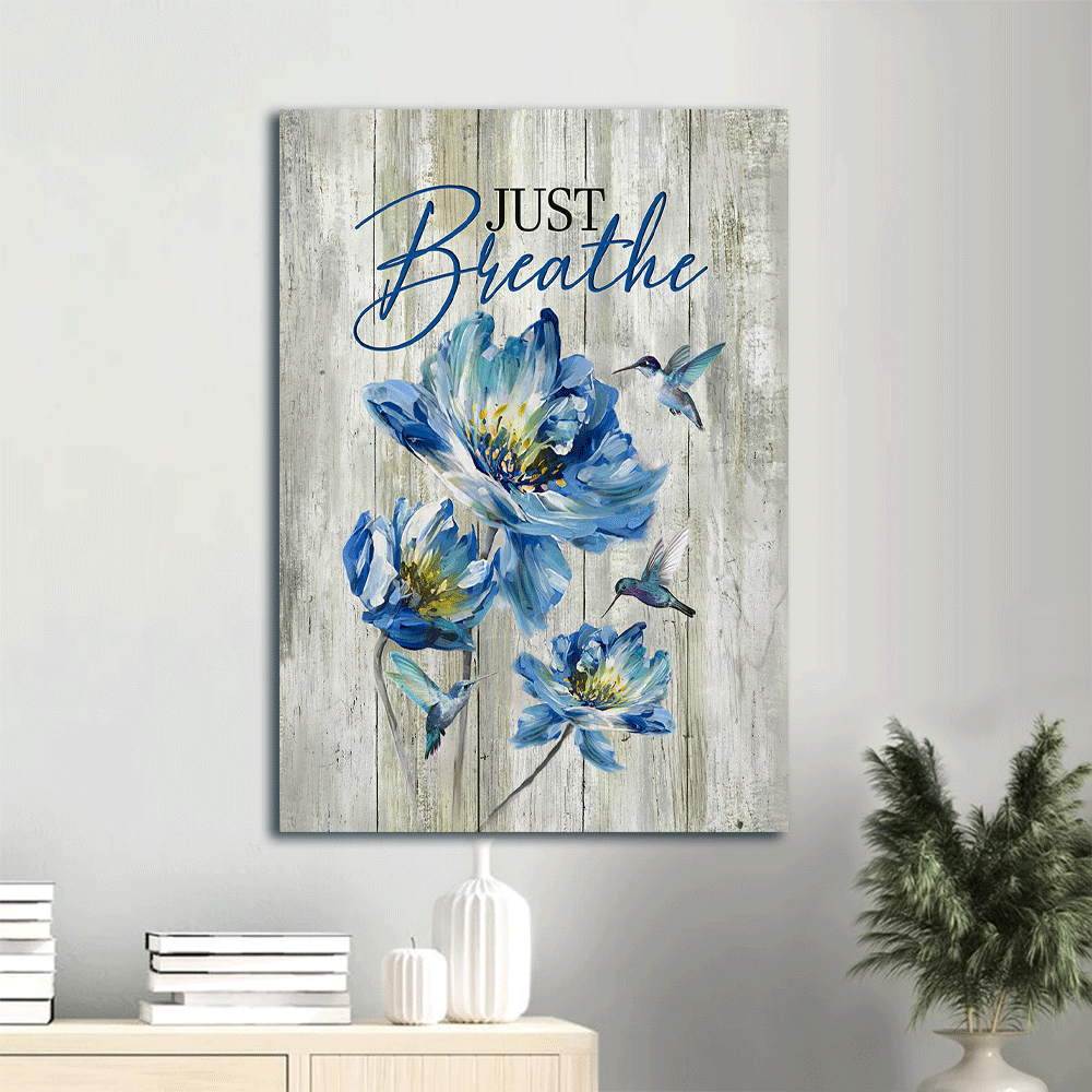 Jesus Portrait Canvas- Blue chrysanthemum flower, Hummingbird drawing, Just breathe canvas- Gift for Christian - Portrait Canvas Prints, Christian Wall Art