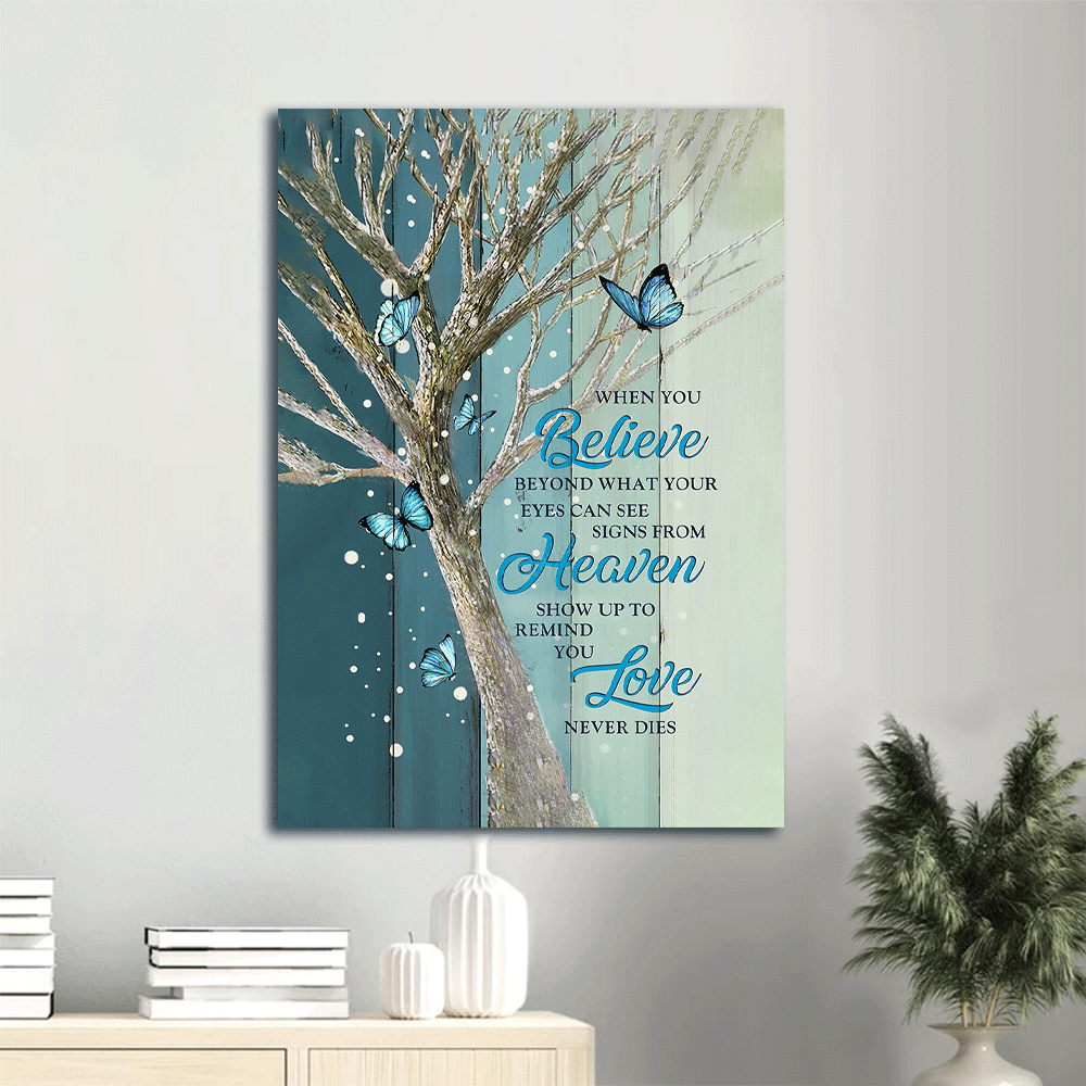 Memorial Portrait Canvas - Blue butterfly, Love, Faith- Gift for Christian - Love never dies - Heaven Portrait Canvas Prints, Wall Art