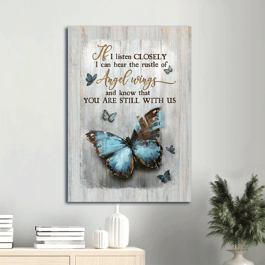 Memorial Portrait Canvas- Blue butterfly, Angel wings canvas- Gift for members family- If I listen closely - Heaven Portrait Canvas Prints, Wall Art