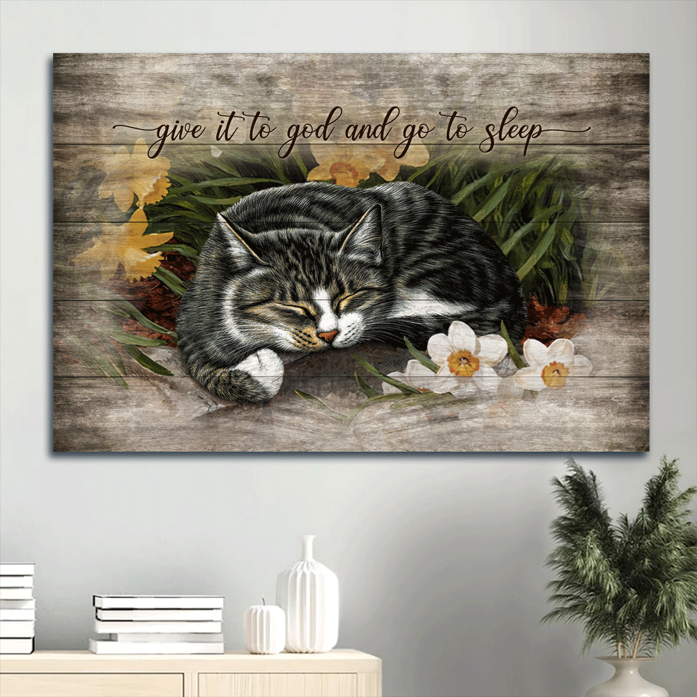 Black cat Landscape Canvas- Black cat drawing, Pretty flower garden- Gift for Christian- Give it to God and go to sleep - Landscape Canvas Prints, Christian Wall Art