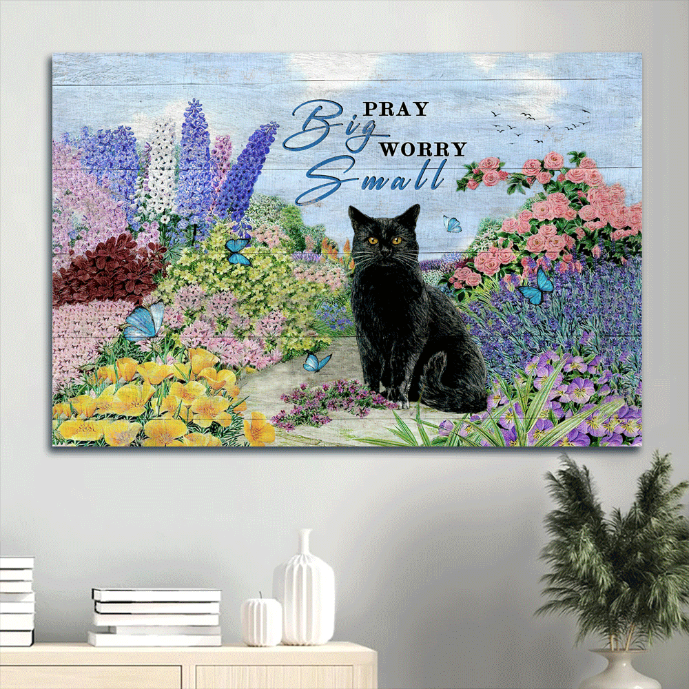 Black cat Landscape Canvas- Black cat drawing, Pastel flower garden- Gift for Cat lover- Pray big, Worry small - Landscape Canvas Prints, Christian Wall Art
