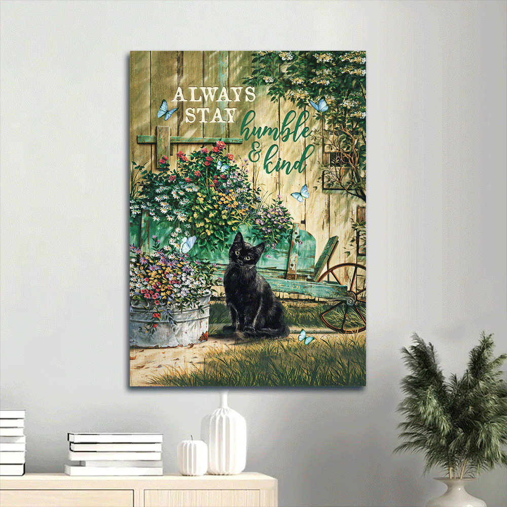 Black cat Portrait Canvas- Black cat, Baby flower garden, Sunny day- Gift for Cat lover- Always stay humble and kind - Portrait Canvas Prints, Christian Wall Art