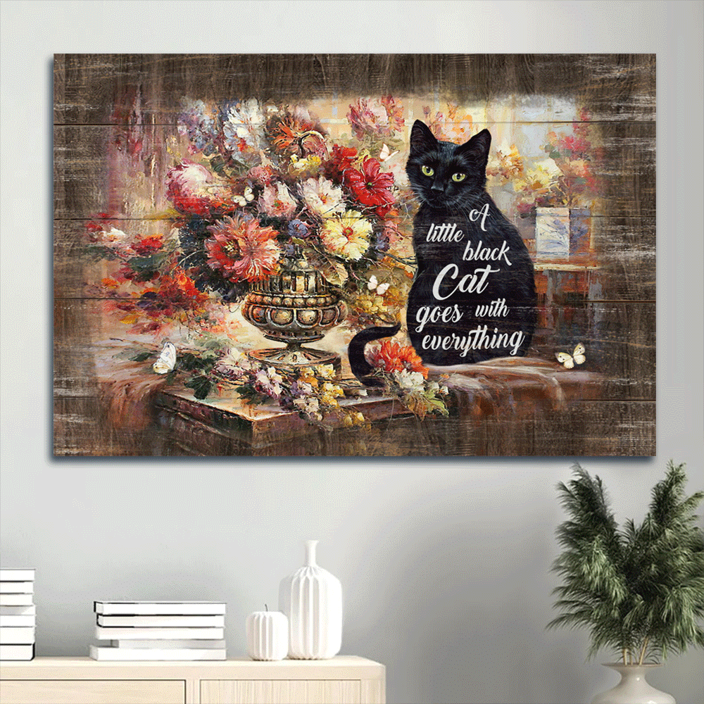 Jesus Landscape Canvas- Brilliant flower garden, Black cat canvas- Gift for Christian, Cat lover- A little black cat goes with everything