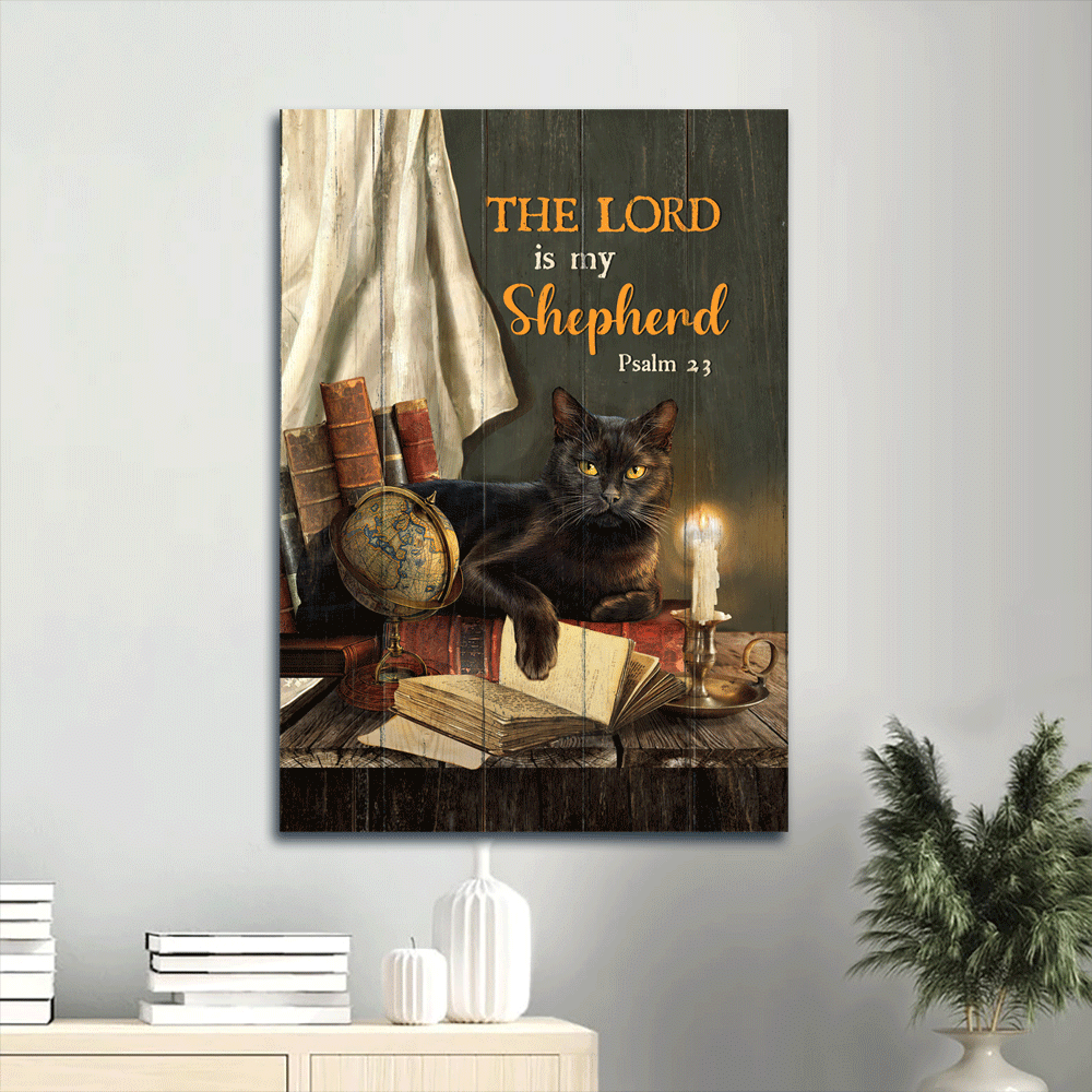 Black Cat Portrait Canvas- Black cat drawing, Antique book, Gold globe, Candle canvas- Gift for Cat lover- The Lord is my shepherd - Portrait Canvas Prints, Christian Wall Art