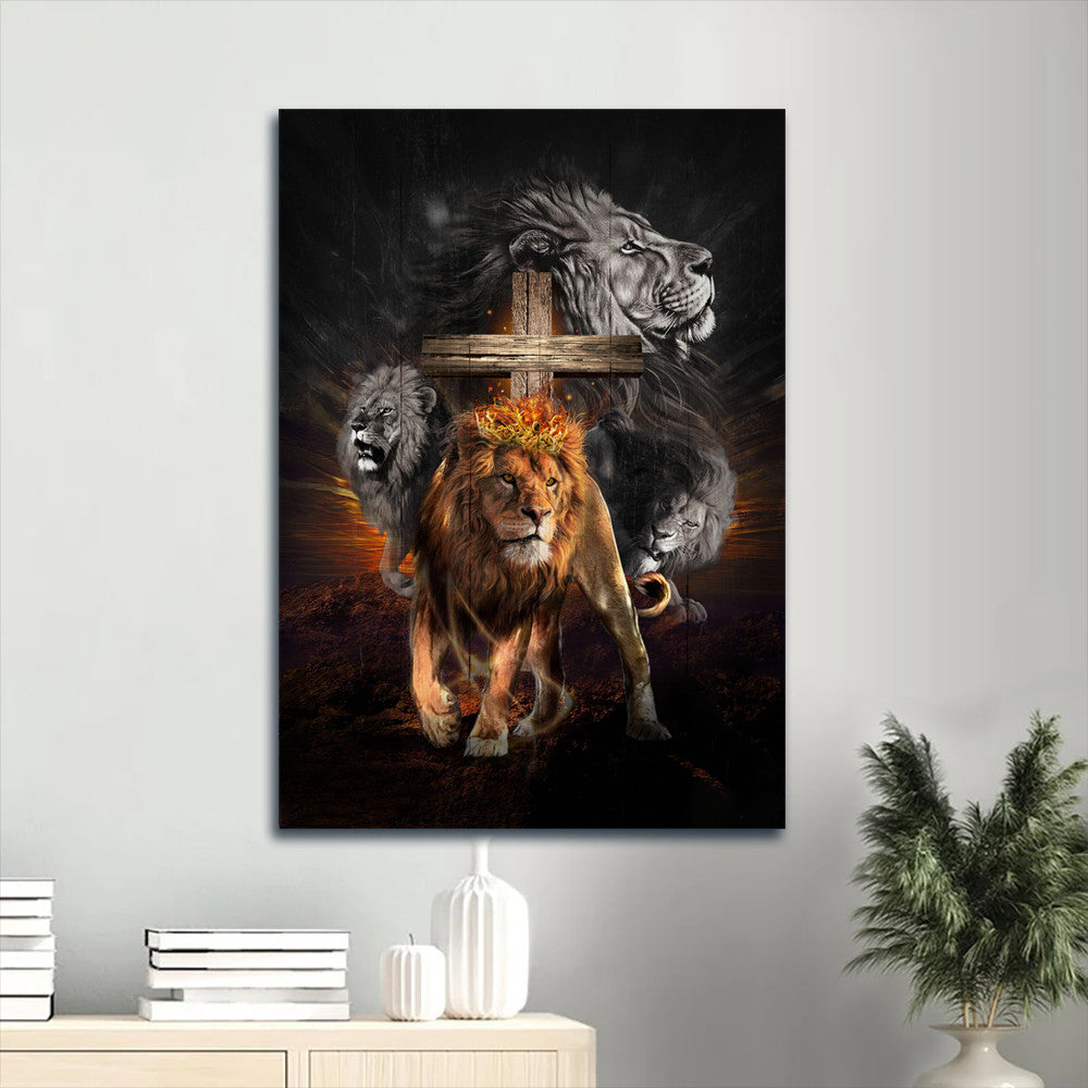 Jesus Portrait Canvas - Lion of Judah, Wooden cross, Jesus the Lord Portrait Canvas - Inspirational gift, Gift For Christian