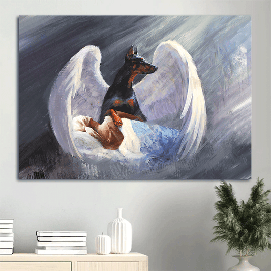 Doberman Landscape Canvas- Black Doberman painting, White wings, Beautiful dream- Gift for Dog lover- Landscape Canvas Prints, Wall Art