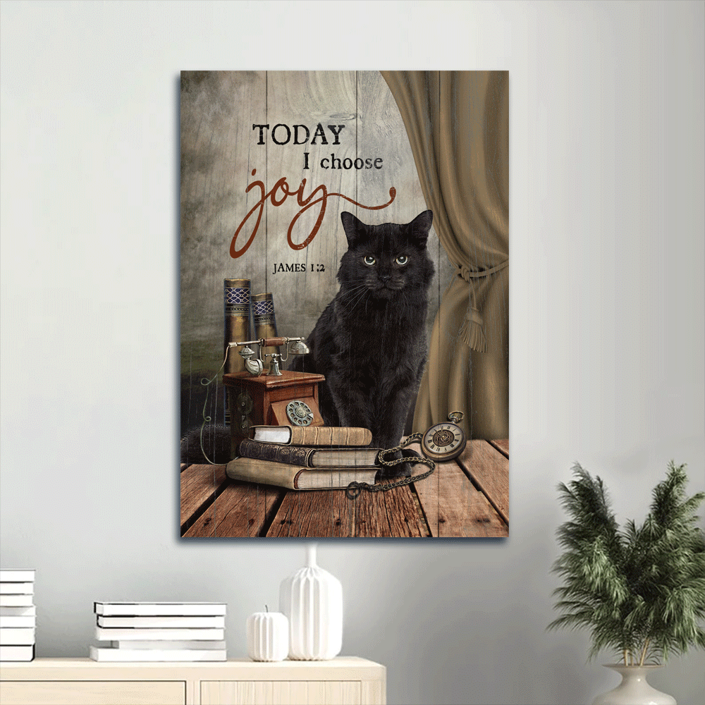 Black cat Portrait Canvas- Black cat, Telephone, Clock, Books - Gift for Cat lover- Today I choose Joy - Portrait Canvas Prints, Wall Art