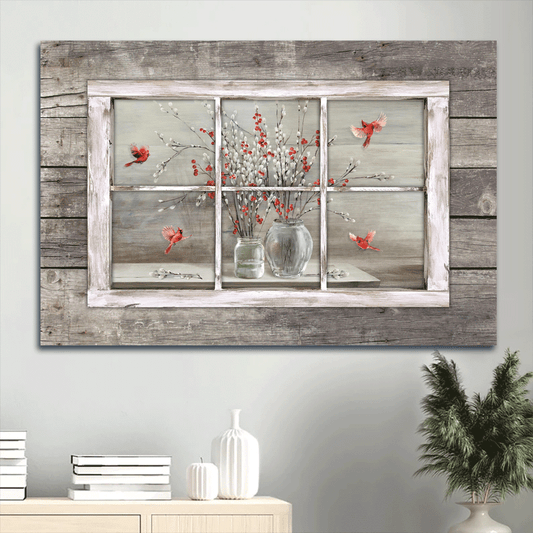 Memorial Landscape Canvas- Baby Flower Vase, Red Cardinal, Antique Window, Heaven Landscape Canvas- Gift For Members Family