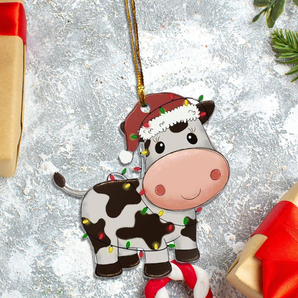 Dairy Cow Santa Claus Red Hat Custom Plastic Acrylic Ornaments Xmas Gifts for Family Friends