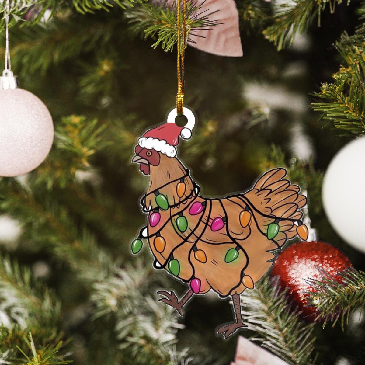 Funny Chicken Santa Claus Red Hat Custom Plastic Acrylic Ornaments Xmas Gifts for Family Friends