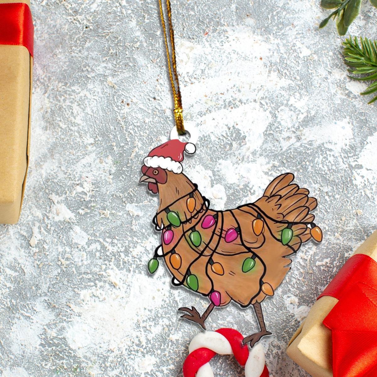 Funny Chicken Santa Claus Red Hat Custom Plastic Acrylic Ornaments Xmas Gifts for Family Friends