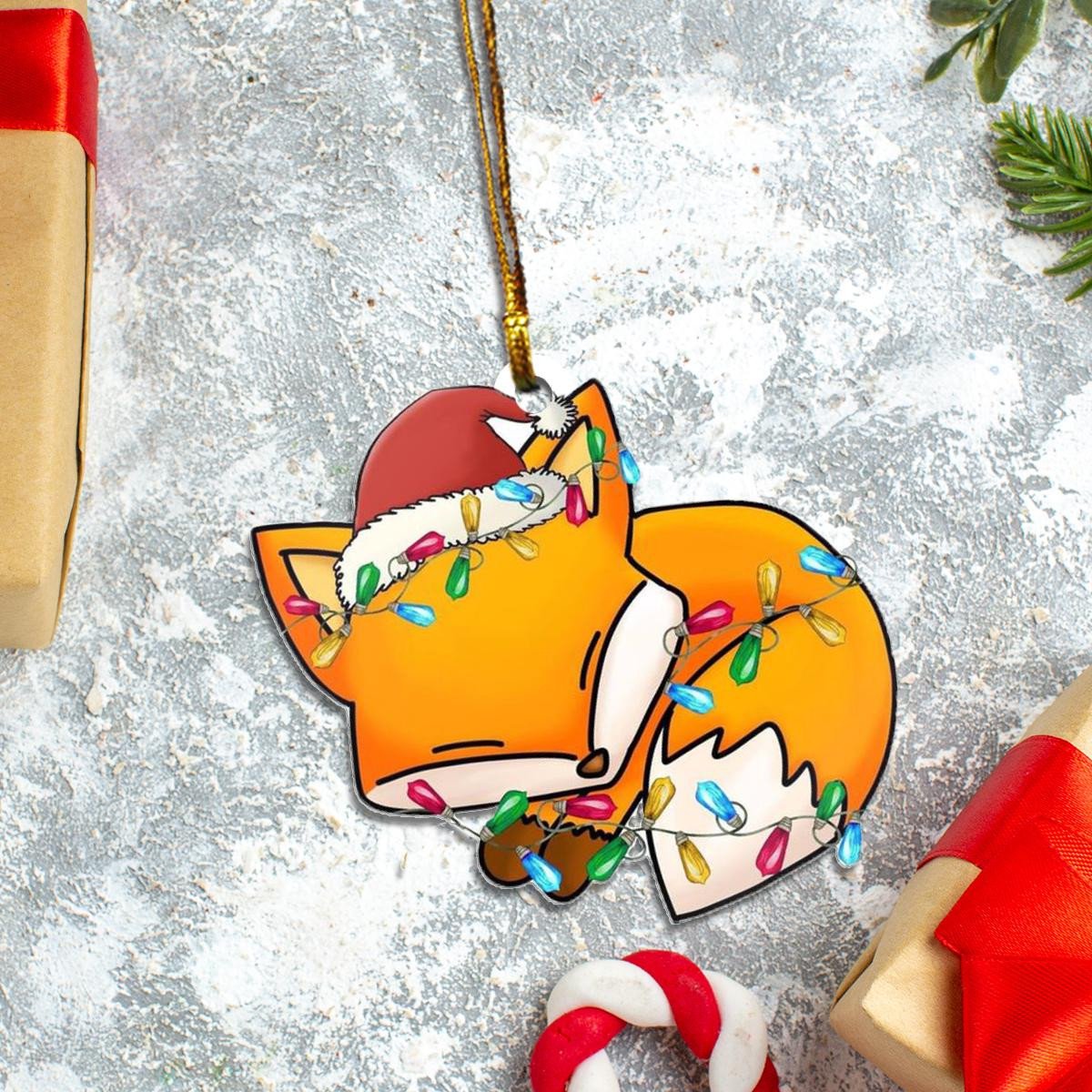 Fox Santa Claus Red Hat Custom Plastic Acrylic Ornaments Xmas Gifts for Family Friends