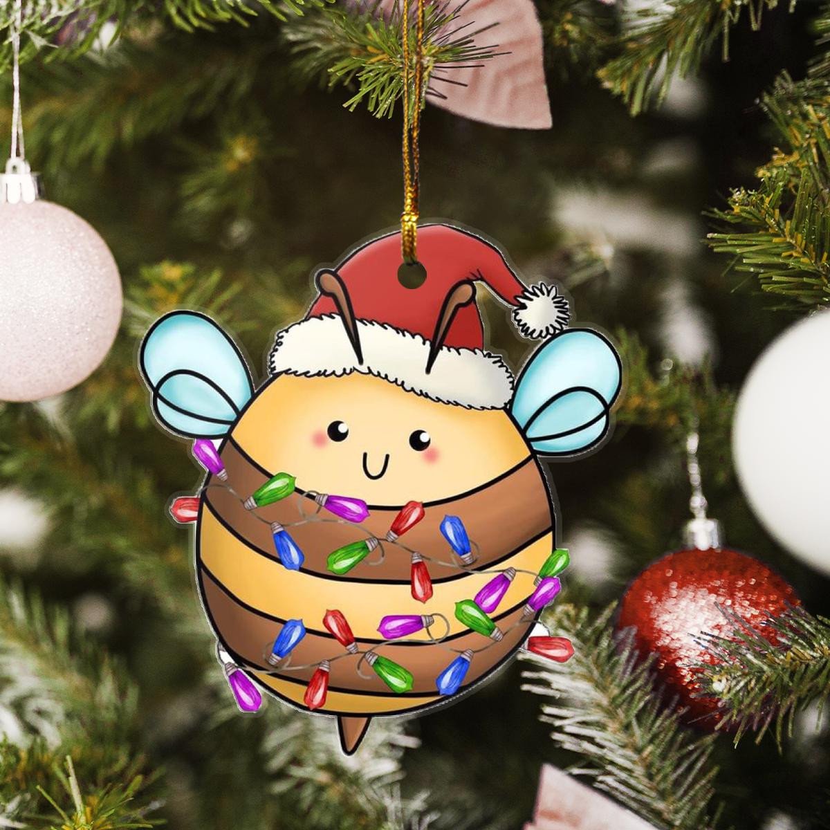 Pretty Bee Santa Claus Red Hat - Christmas Custom Plastic Acrylic Ornaments Xmas Gifts for Family Friends - Gift For Christmas 2022