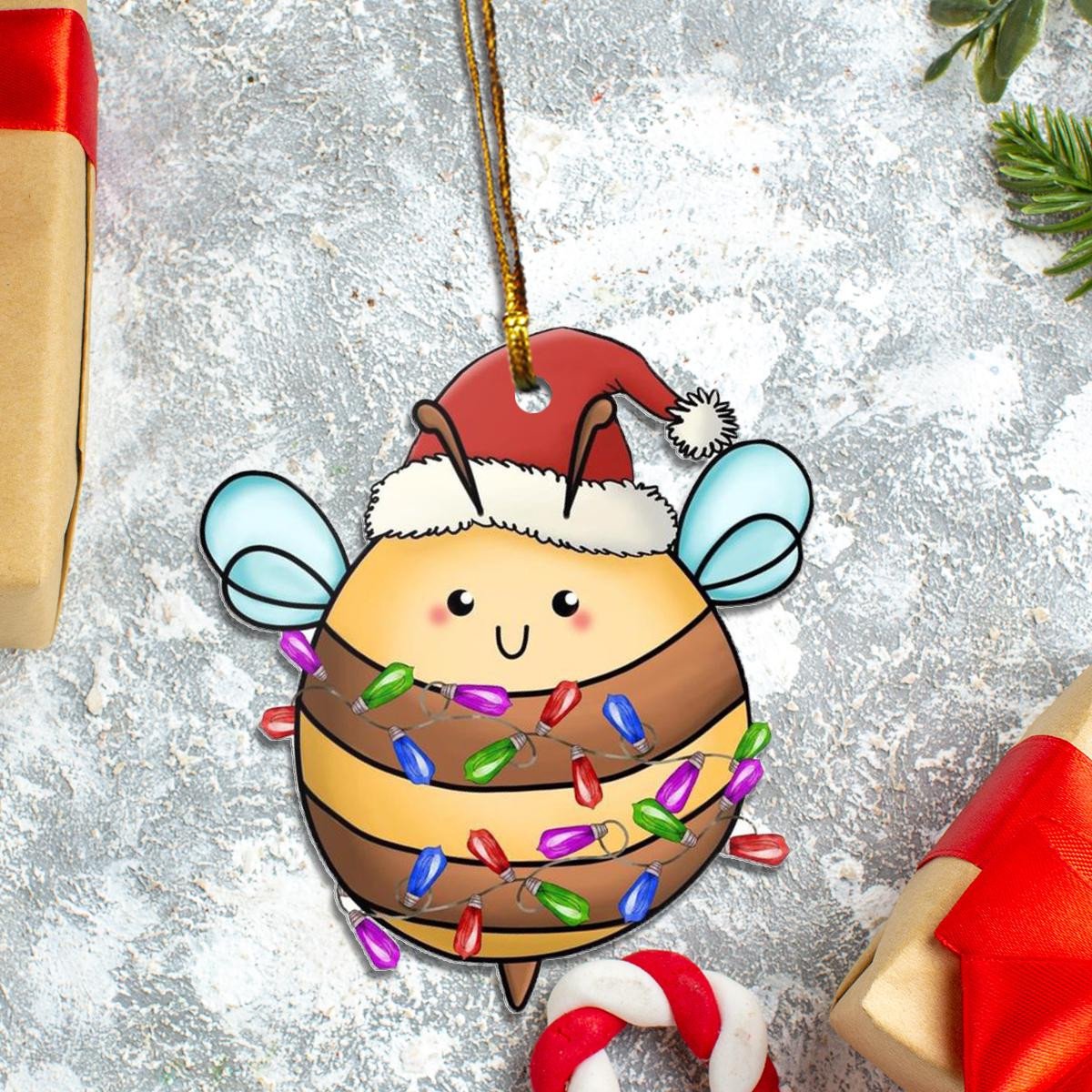 Pretty Bee Santa Claus Red Hat - Christmas Custom Plastic Acrylic Ornaments Xmas Gifts for Family Friends - Gift For Christmas 2022