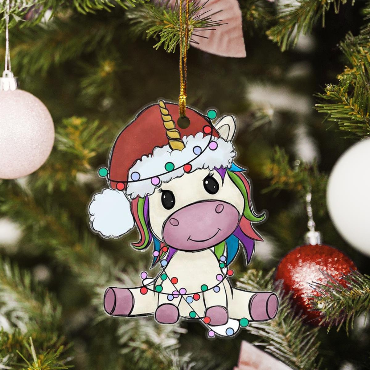 Unicorn Santa Claus Red Hat Custom Plastic Acrylic Ornaments Xmas Gifts for Family Friends