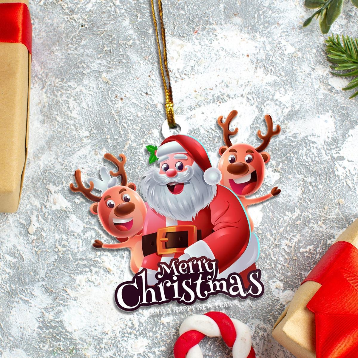 Merry Christmas Santa And Reindeer Custom Plastic Acrylic Ornaments Xmas Gifts for Family Friends