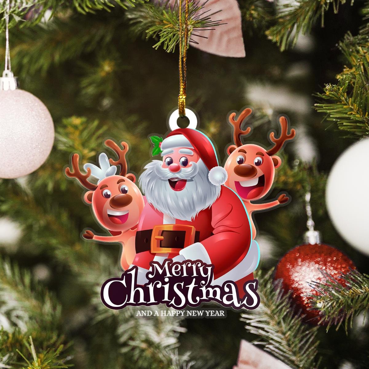 Merry Christmas Santa And Reindeer Custom Plastic Acrylic Ornaments Xmas Gifts for Family Friends