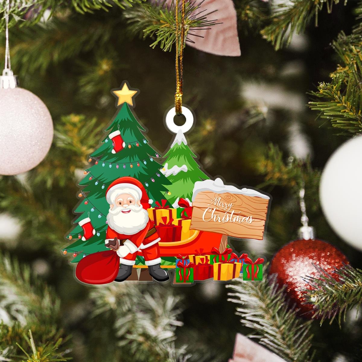 Merry Christmas Santa And Christmas Tree Custom Plastic Acrylic Ornaments Xmas Gifts for Family Friends