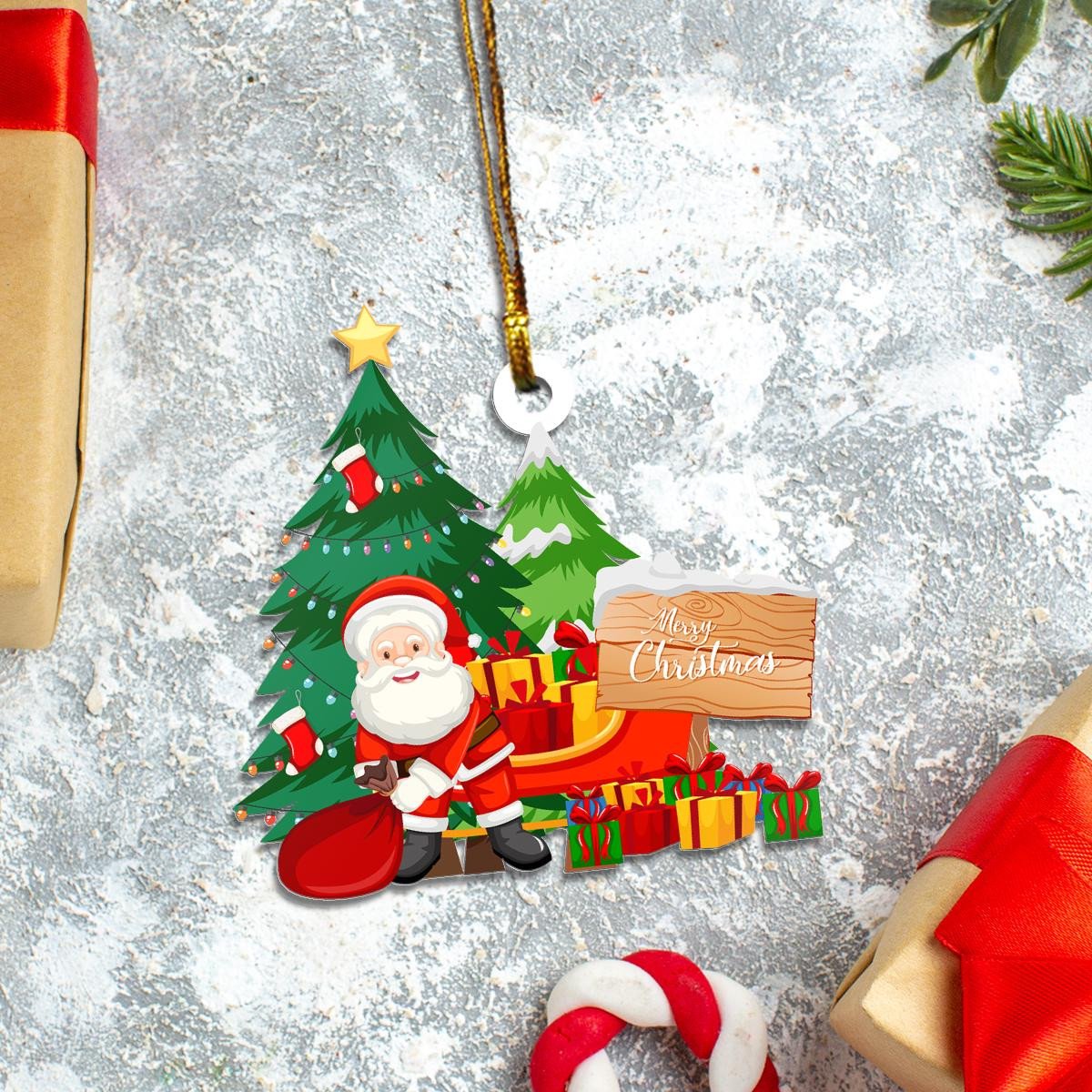 Merry Christmas Santa And Christmas Tree Custom Plastic Acrylic Ornaments Xmas Gifts for Family Friends