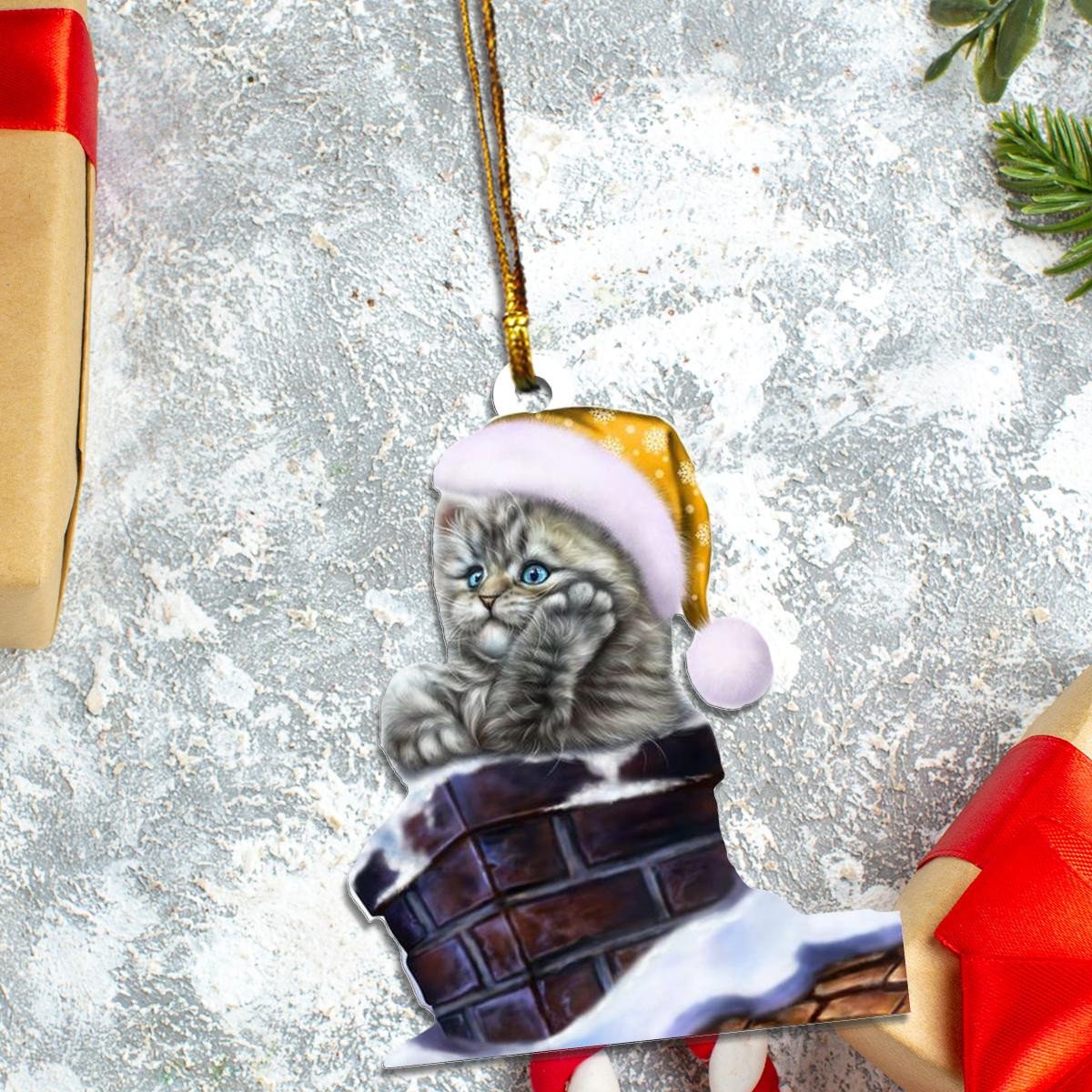 Gray Cat Santa Claus Golden Hat In Brown Chimney Custom Plastic Acrylic Ornaments Xmas Gifts for Family Friends