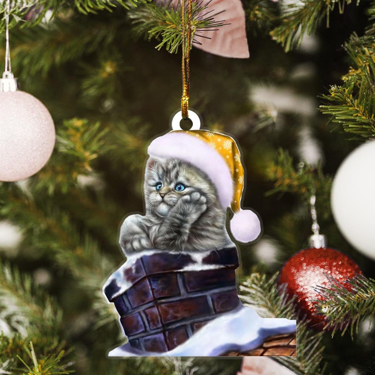 Gray Cat Santa Claus Golden Hat In Brown Chimney Custom Plastic Acrylic Ornaments Xmas Gifts for Family Friends