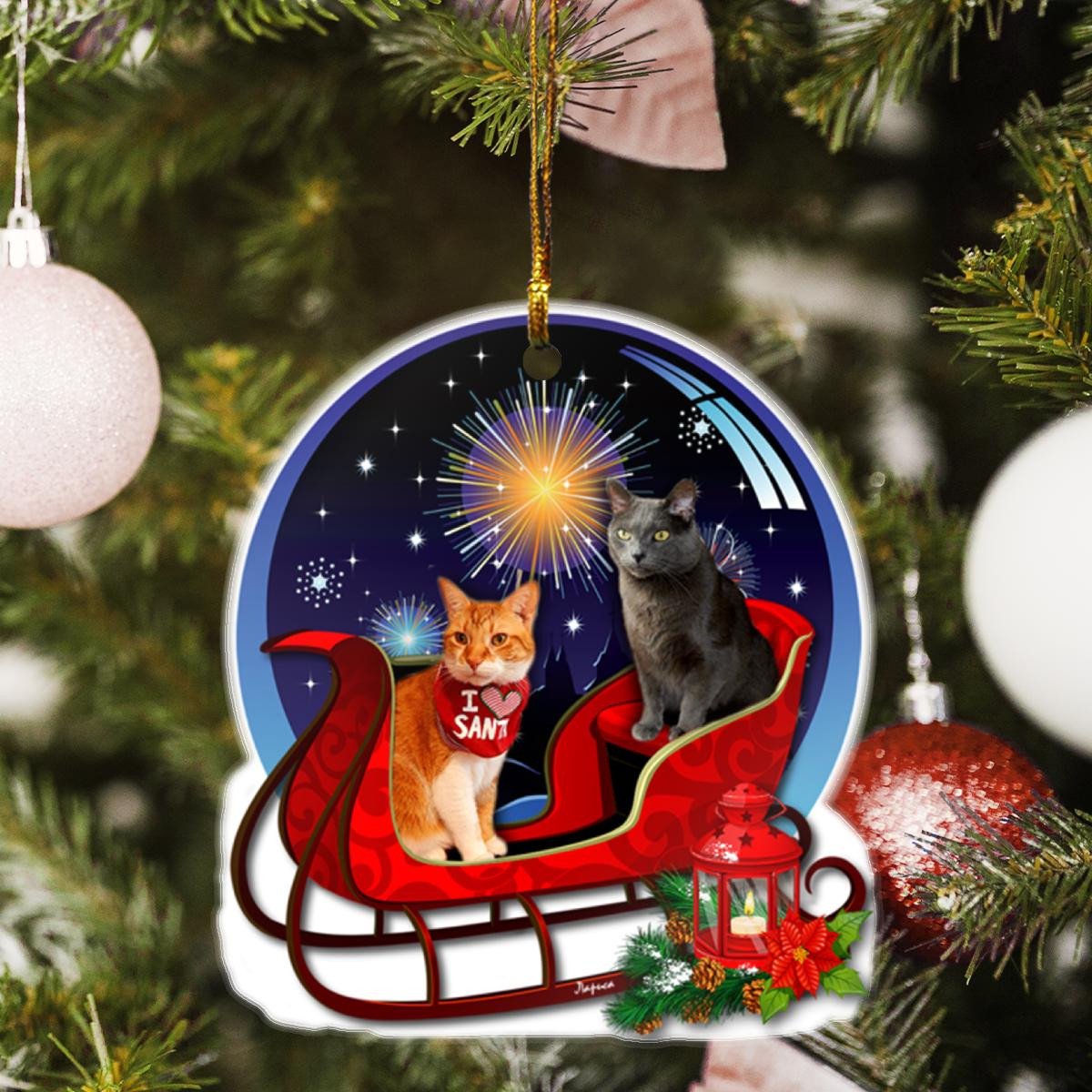 Bicolor And Gray Cat Sit On Christmas Car, I Love Santa Claus - Custom Plastic Acrylic Ornaments Xmas Gifts for Family Friends