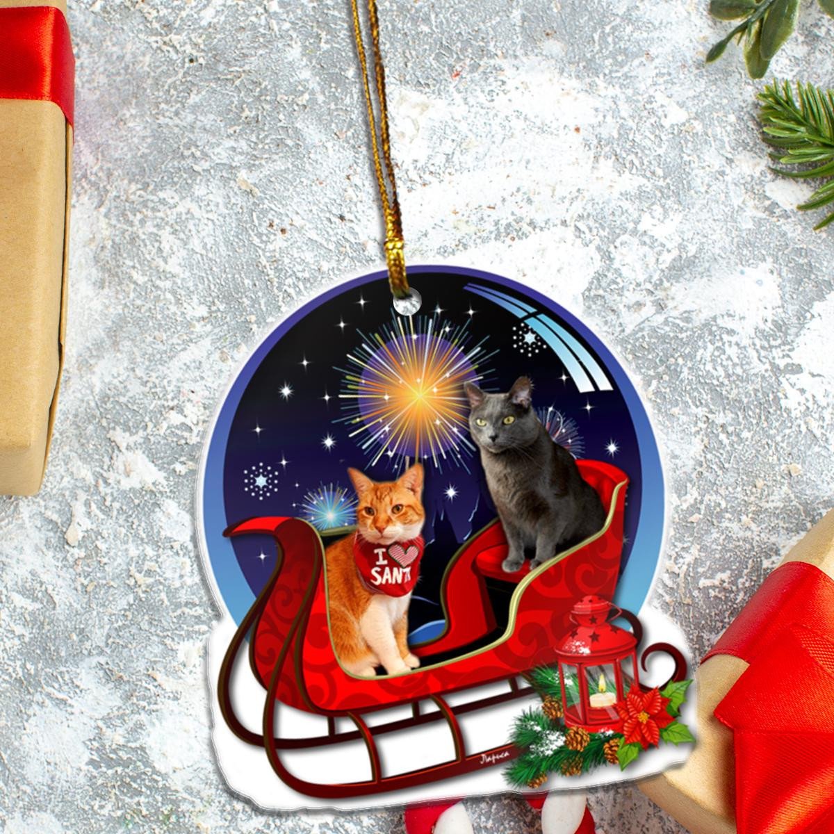 Bicolor And Gray Cat Sit On Christmas Car, I Love Santa Claus - Custom Plastic Acrylic Ornaments Xmas Gifts for Family Friends