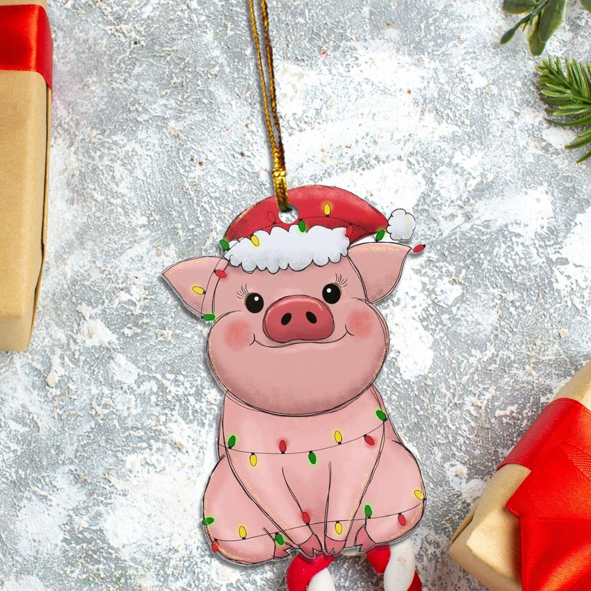 Pretty Pig Santa Claus Red Hat Custom Plastic Acrylic Ornaments Xmas Gifts for Family Friends