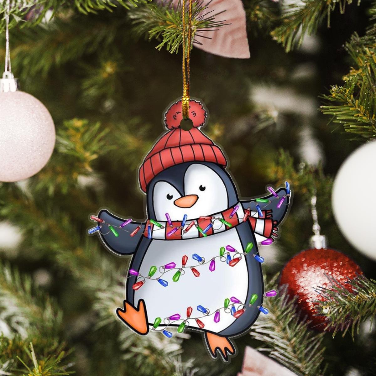 Penguin Santa Claus Red Hat Custom Plastic Acrylic Ornaments Xmas Gifts for Family Friends