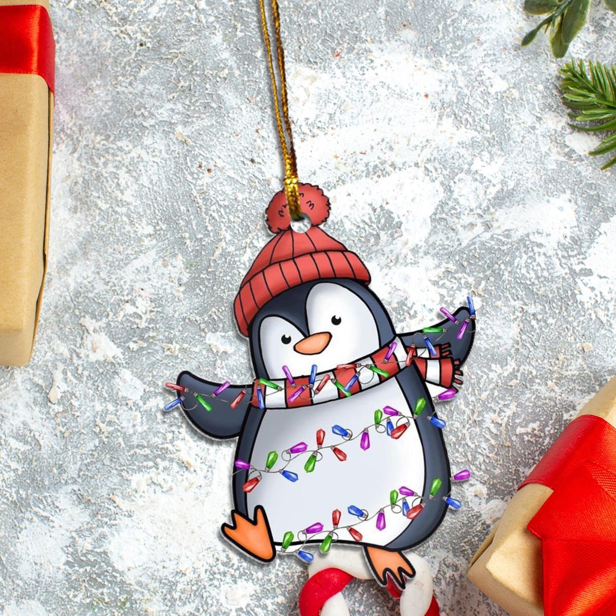 Penguin Santa Claus Red Hat Custom Plastic Acrylic Ornaments Xmas Gifts for Family Friends