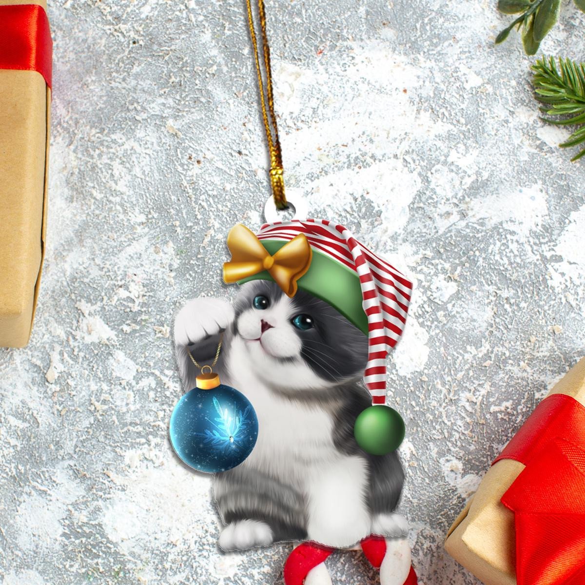 Bicolor British Shorthair Cat Santa Claus Hair Custom Plastic Acrylic Ornaments Xmas Gifts for Family Friends