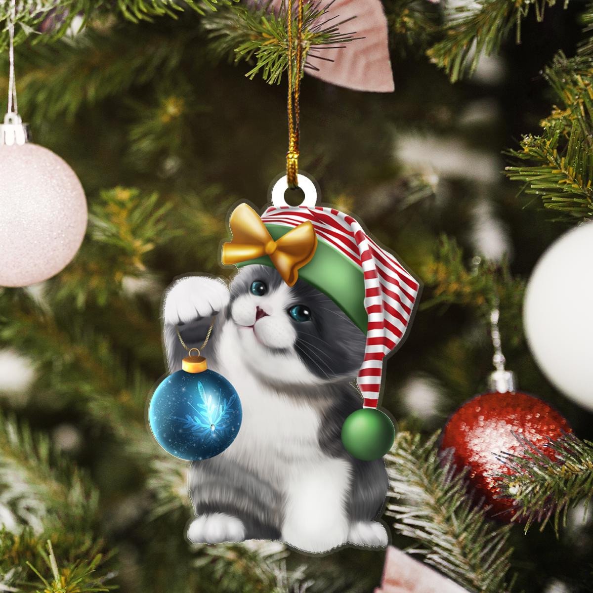 Bicolor British Shorthair Cat Santa Claus Hair Custom Plastic Acrylic Ornaments Xmas Gifts for Family Friends