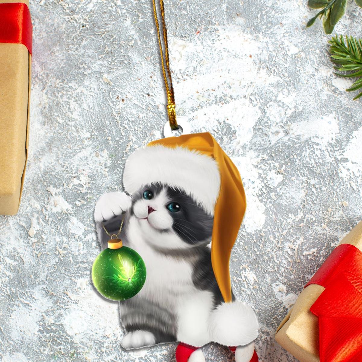 Bicolour British Shorthair Cat Santa Claus Golden Hat Custom Plastic Acrylic Ornaments Xmas Gifts for Family Friends