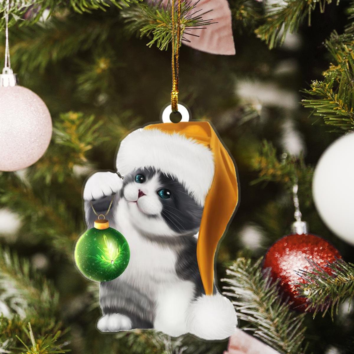 Bicolour British Shorthair Cat Santa Claus Golden Hat Custom Plastic Acrylic Ornaments Xmas Gifts for Family Friends