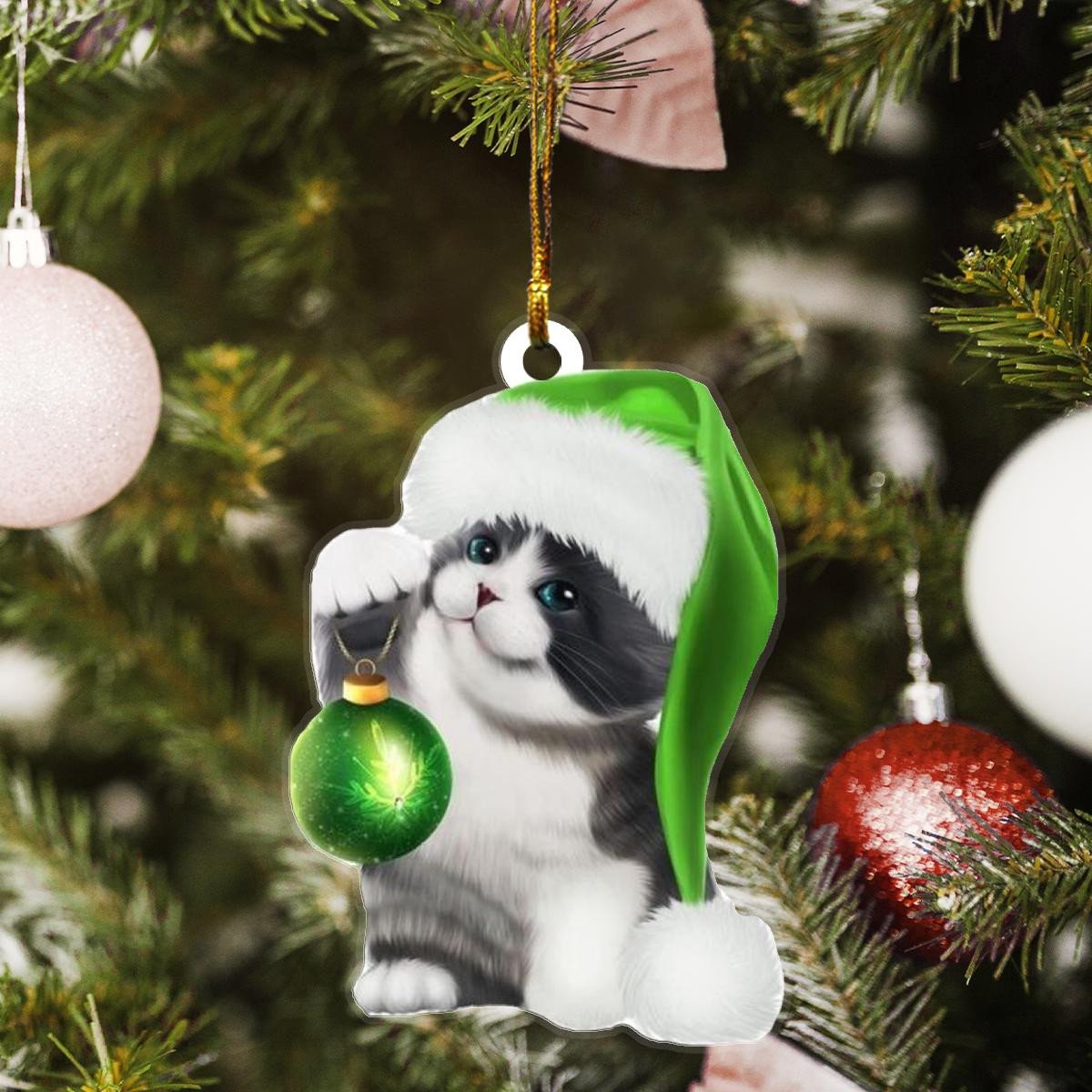 Bicolor British Shorthair Cat Santa Claus Green Hat Custom Plastic Acrylic Ornaments Xmas Gifts for Family Friends