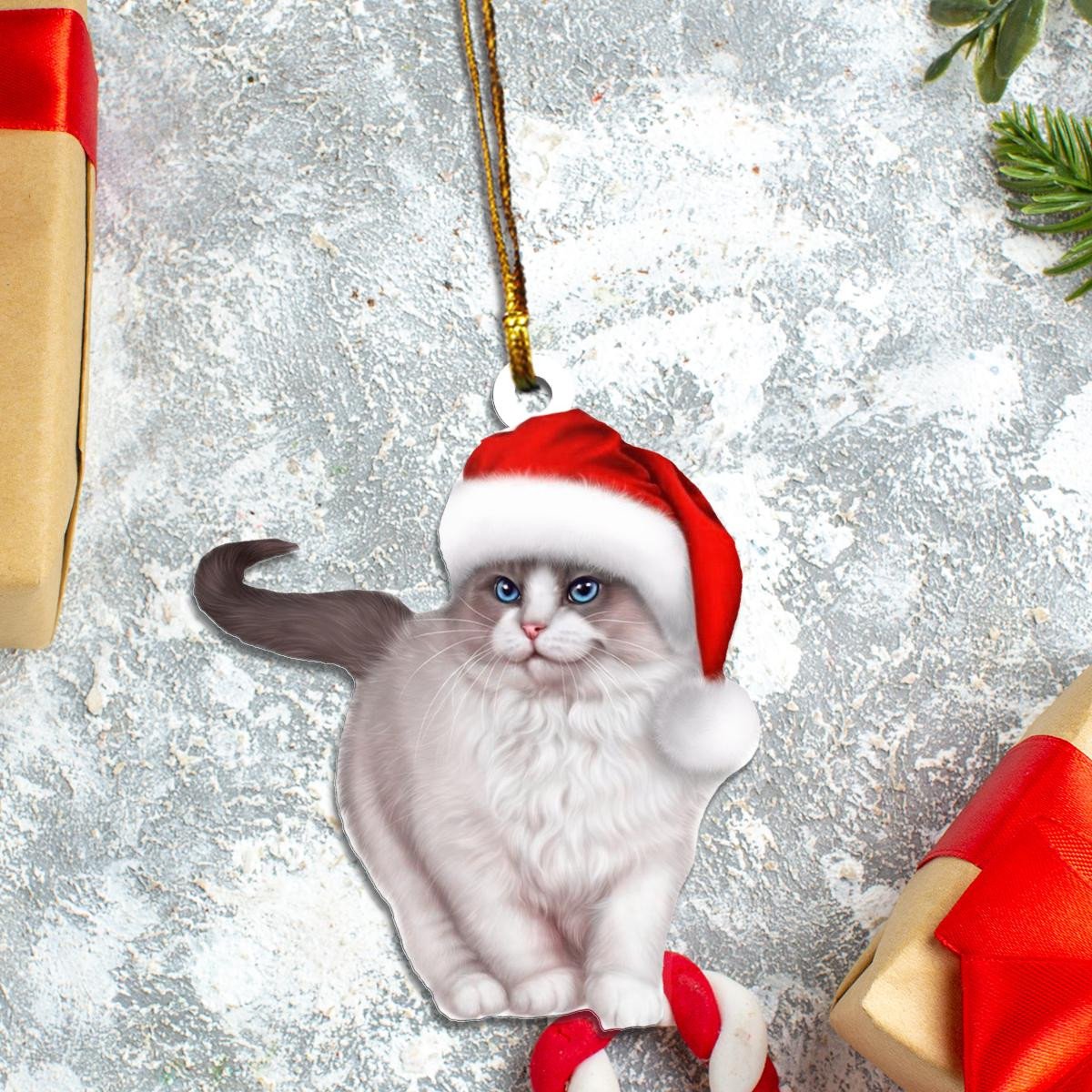 Ragdoll Cat Santa Claus Red Hat Custom Plastic Acrylic Ornaments Xmas Gifts for Family Friends