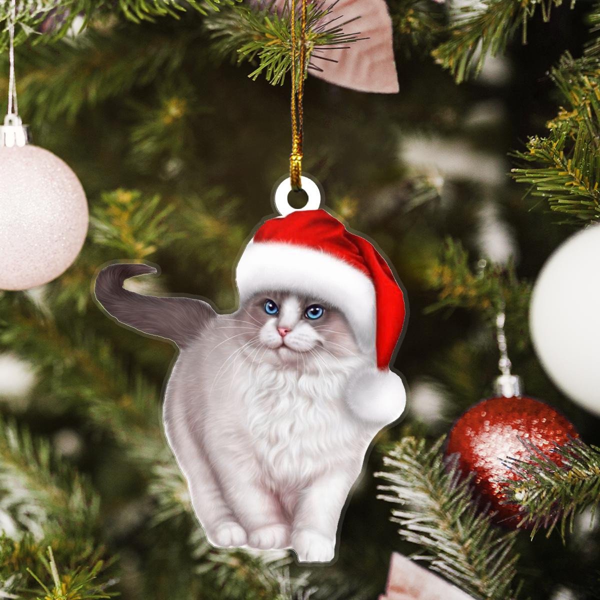 Ragdoll Cat Santa Claus Red Hat Custom Plastic Acrylic Ornaments Xmas Gifts for Family Friends