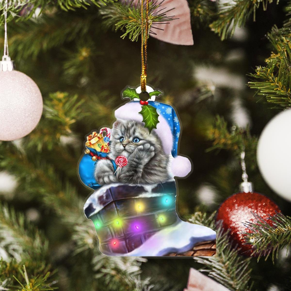 Gray Cat Santa Claus Blue Hat In Brown Chimney Custom Plastic Acrylic Ornaments Xmas Gifts for Family Friends