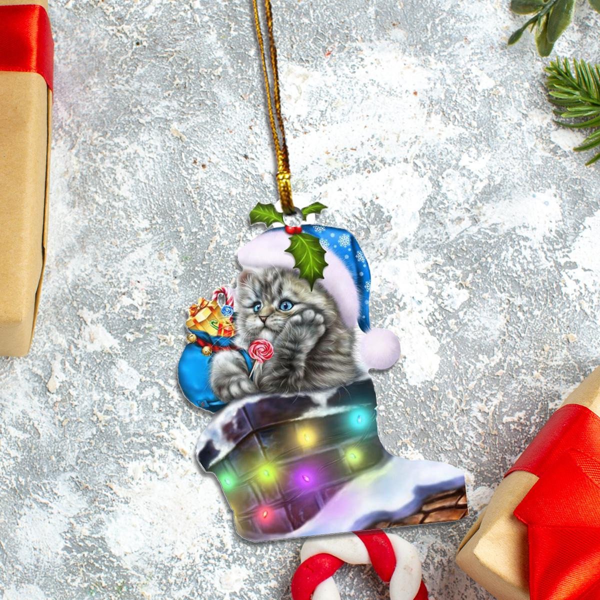Gray Cat Santa Claus Blue Hat In Brown Chimney Custom Plastic Acrylic Ornaments Xmas Gifts for Family Friends