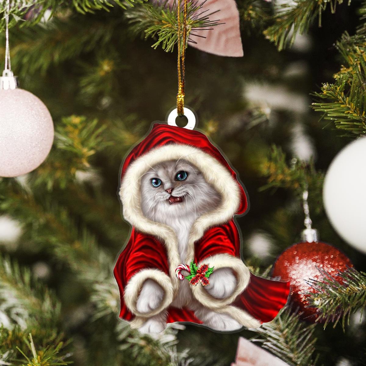 Ragdoll Cat In Red Santa Claus Clothes Custom Plastic Acrylic Ornaments Xmas Gifts for Family Friends
