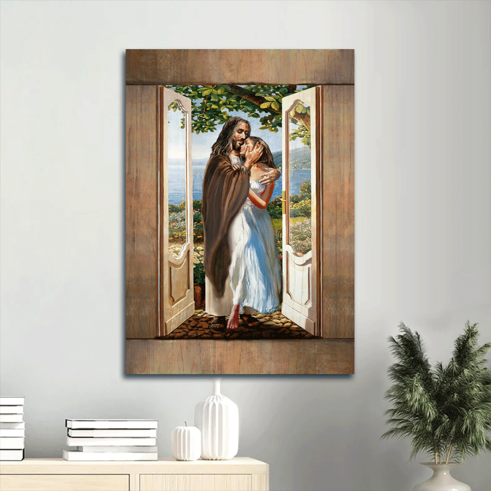 Jesus Portrait Canvas - Pretty girl, Beautiful forest, Walking with Jesus Portrait Canvas - Gift For Christian