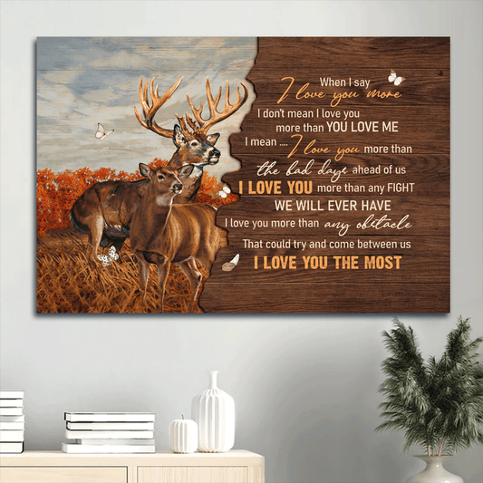 Couple Landscape Canvas- Beautiful Deer, Red Forest Drawing, Butterfly Canvas- Gift For Couple, Lover- When I Say I Love You More