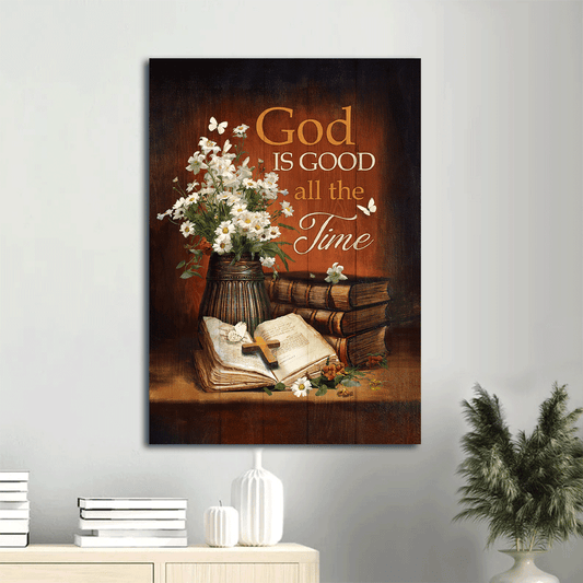 Jesus Portrait Canvas- Antique Bible, Daisy Vase, Vintage Painting, White Butterfly Canvas-Gift For Christian- God Is Good All The Time