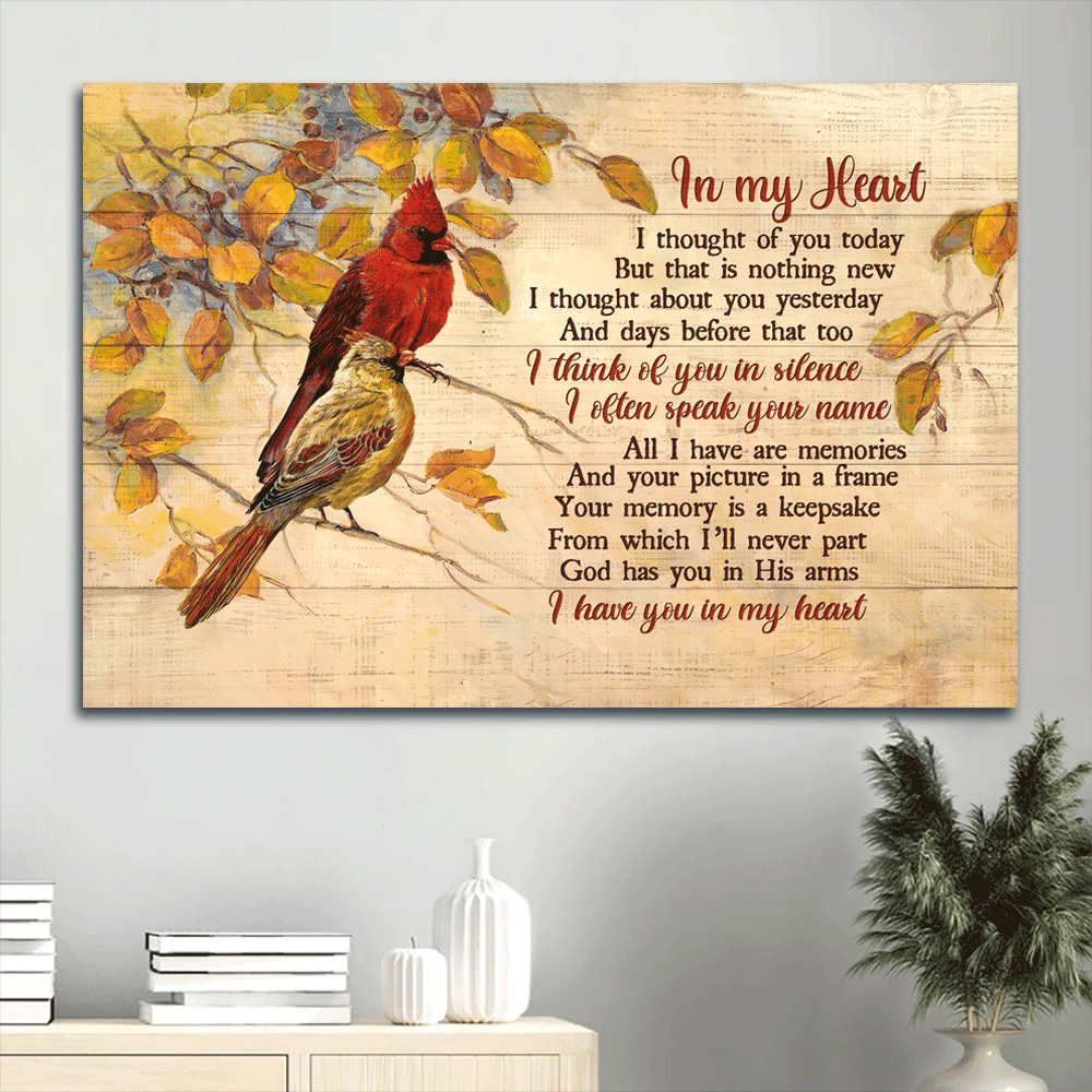 Memorial Landscape Canvas - Autumn forest, Beautiful cardinal, Yellow background Landscape Canvas - Memorial Gift For Family Members - In my heart