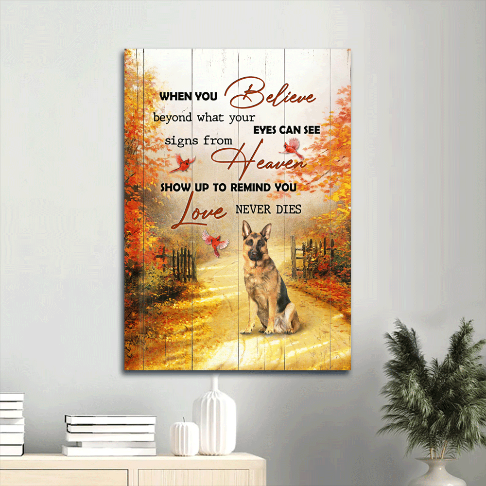 German Shepherd Portrait Canvas -Autumn Forest, Red Cardinal Canvas- Gift For German Shepherd- Signs From Heaven Show Up To Remind Love Never Dies