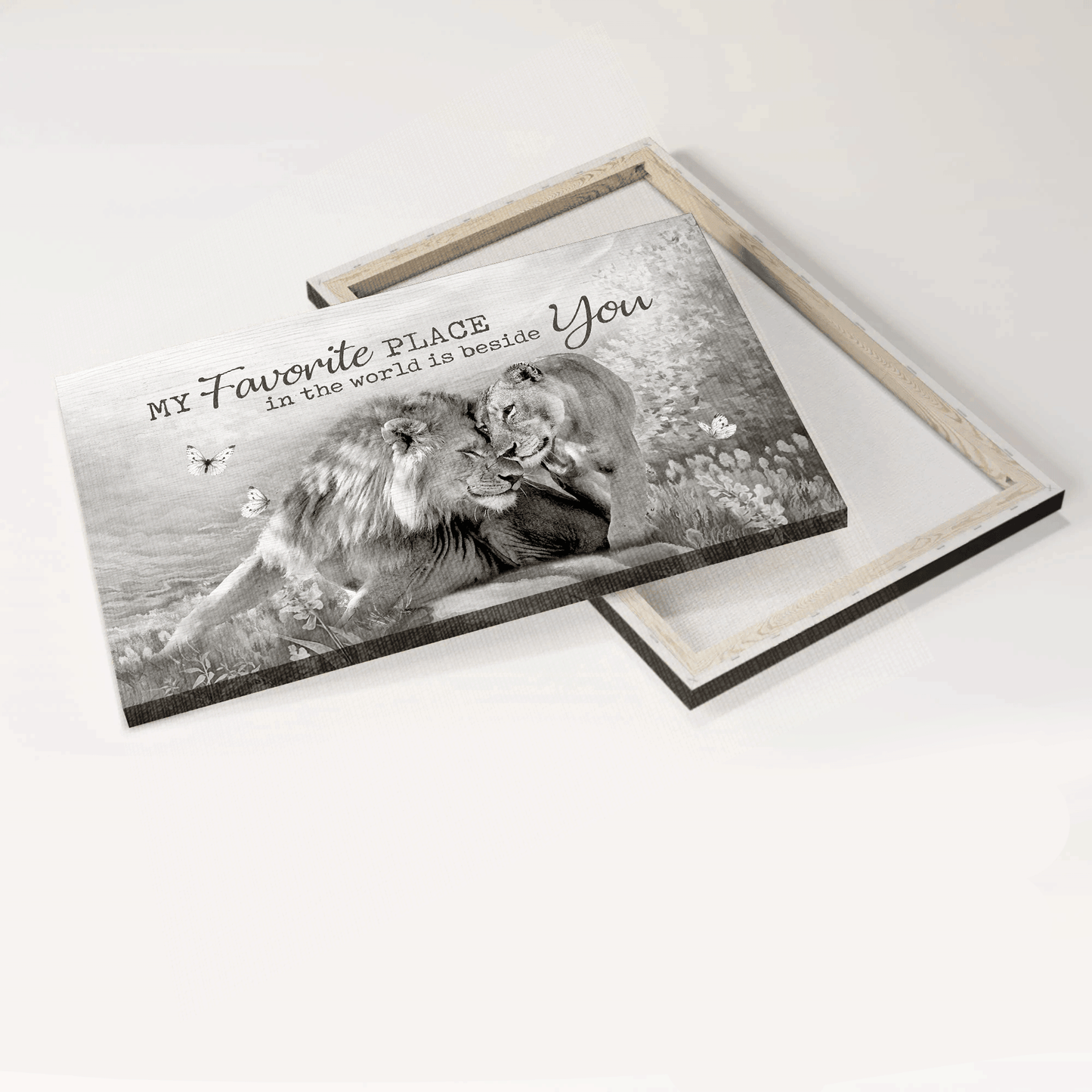 Couple Landscape Canvas- Lion couple, Black and white painting, A peaceful time- Anniversary gift for couple, lover- My favorite place in this world is beside you - Landscape Canvas Prints, Wall Art